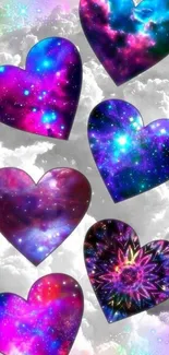 Galaxy heart wallpaper with vibrant cosmic patterns on clouds.