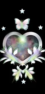 Elegant galaxy heart with stars and butterfly on black background.