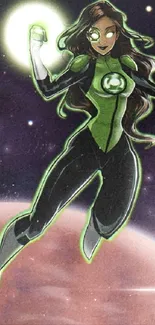 A green-clad heroine floats in space, emanating power.