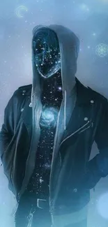 Galaxy-themed hoodie wallpaper with cosmic figure, perfect for phone background.