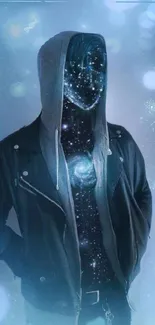 Futuristic galaxy-themed hoodie design wallpaper for mobile.