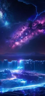 Vibrant galaxy-themed fantasy landscape wallpaper with celestial details.