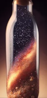 A glass bottle holds a swirling galaxy, with stars and cosmic dust inside.