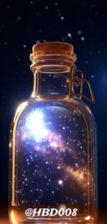 Galaxy contained in a glass bottle with starry background.