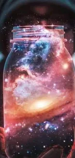 A vibrant galaxy contained within a glass jar.