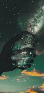 A jar capturing a galaxy against a dark teal sky, perfect for mobile wallpaper.