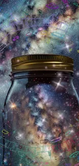 A jar filled with a vivid galaxy scene against a cosmic backdrop.