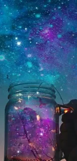 A mesmerizing galaxy captured in a jar with vibrant blues and purples.