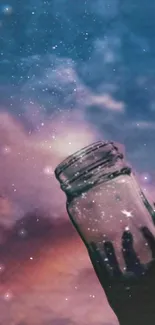 A glass jar under a starry night sky with a galaxy theme and vibrant colors.