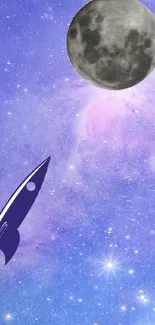 Rocket flying towards the moon in a vibrant galaxy.