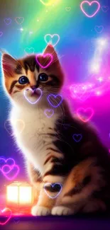 Cute kitten in a colorful galaxy setting with a glowing cube.