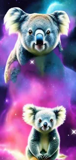 Colorful koala in a vibrant galaxy-themed mobile wallpaper.