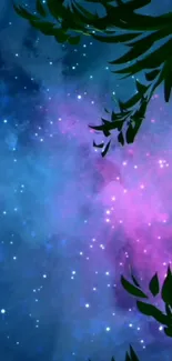 Blue and purple galaxy with green leaves wallpaper.