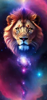 Lion face in vibrant galaxy backdrop.