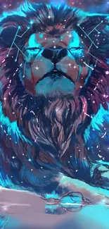 Illustrated lion in galaxy theme with vibrant cyan highlights.