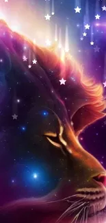 Artistic galaxy lion wallpaper with vibrant cosmic colors.