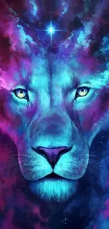 Galaxy lion with vibrant blue and purple hues.