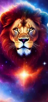 Majestic lion with cosmic background in vibrant colors.