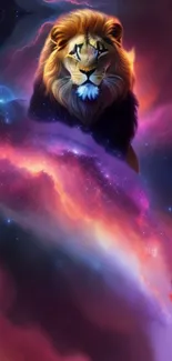 Majestic lion in vibrant galaxy space background.