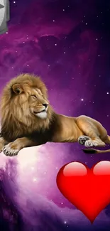 Lion and heart in a cosmic purple galaxy wallpaper.