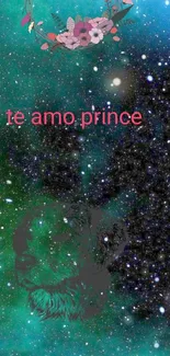 Galaxy wallpaper with floral wreath and 'te amo prince' text.