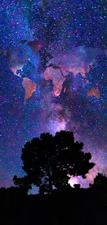 Silhouette tree with galaxy stars and world map overlay.