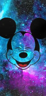 Colorful Mickey Mouse against a galaxy backdrop.