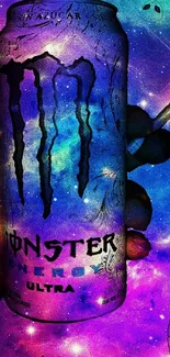 Monster Energy can against a purple galaxy backdrop, vibrant phone wallpaper.