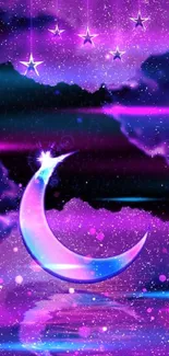 Mystical purple wallpaper with moon and stars.