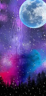 Cosmic night wallpaper with a full moon, starry sky, and vibrant colors of purple and blue.