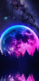 Colorful galaxy moon night wallpaper with vibrant purple and blue hues.