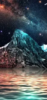 Galaxy reflection on mountainous lake under starry sky wallpaper.