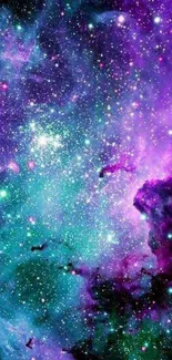 Colorful galaxy nebula with stars in purple and teal hues for mobile wallpaper.