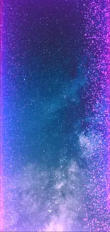 Galaxy-themed mobile wallpaper with neon purple and blue hues and starry effects.