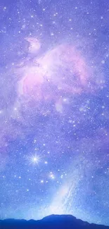 Ethereal galaxy wallpaper with purple and blue starry sky.