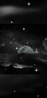 Galaxy night sky with stars and moonlit mountain landscape wallpaper.