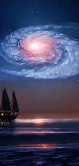 Sailboat under a swirling galaxy in the night sky over the ocean.