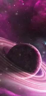 Mobile wallpaper of a purple nebula with a ringed planet.