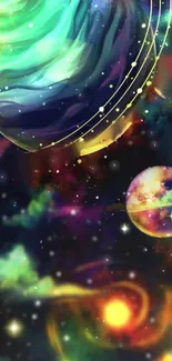 Colorful abstract planets on a galaxy-themed wallpaper.