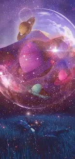 Vibrant cosmic wallpaper with planets floating in a mystical purple galaxy.