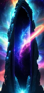 Dark blue galaxy portal mobile wallpaper with cosmic swirls and vibrant colors.