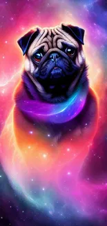 Vibrant galaxy wallpaper featuring a pug.