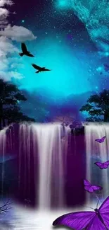 Purple waterfall with galaxy sky and butterflies wallpaper.