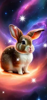 Adorable rabbit in a colorful galaxy scene.