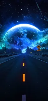 Blue planet and road under starry night sky wallpaper.