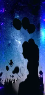 Silhouette couple under galaxy night sky with balloons.