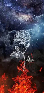 White rose rising through flames with galaxy backdrop.