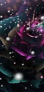 Purple galaxy rose wallpaper with sparkling star effects.