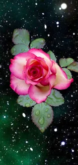 Pink rose on galaxy background with green leaves.