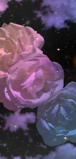 Galaxy roses amidst a star-filled night sky with vibrant clouds.